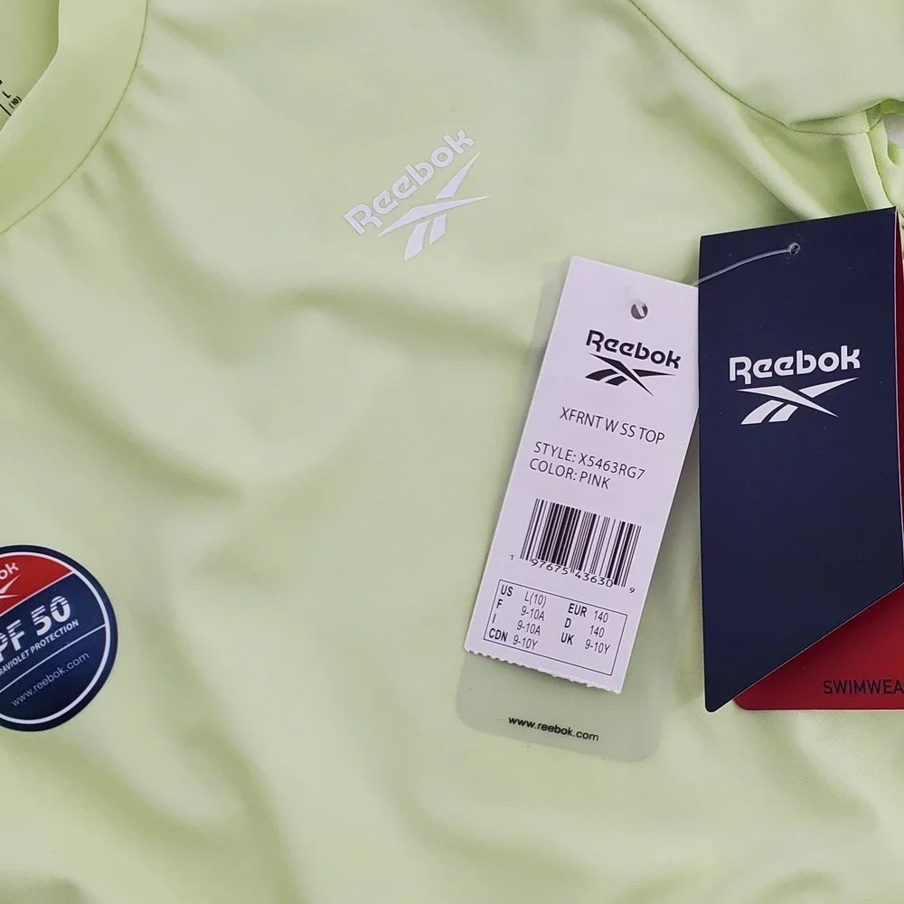 Reebok Girls Size Large 10 Cropped Tie Front Swim Top Green Short‎ Sleeve UPF 50
